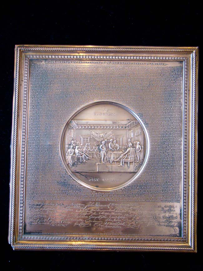 An historic 19th century copper plate featuring "The Declaration of Independence" made in 1859